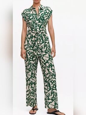 Mango Green and Cream Printed Shirt Jumpsuit